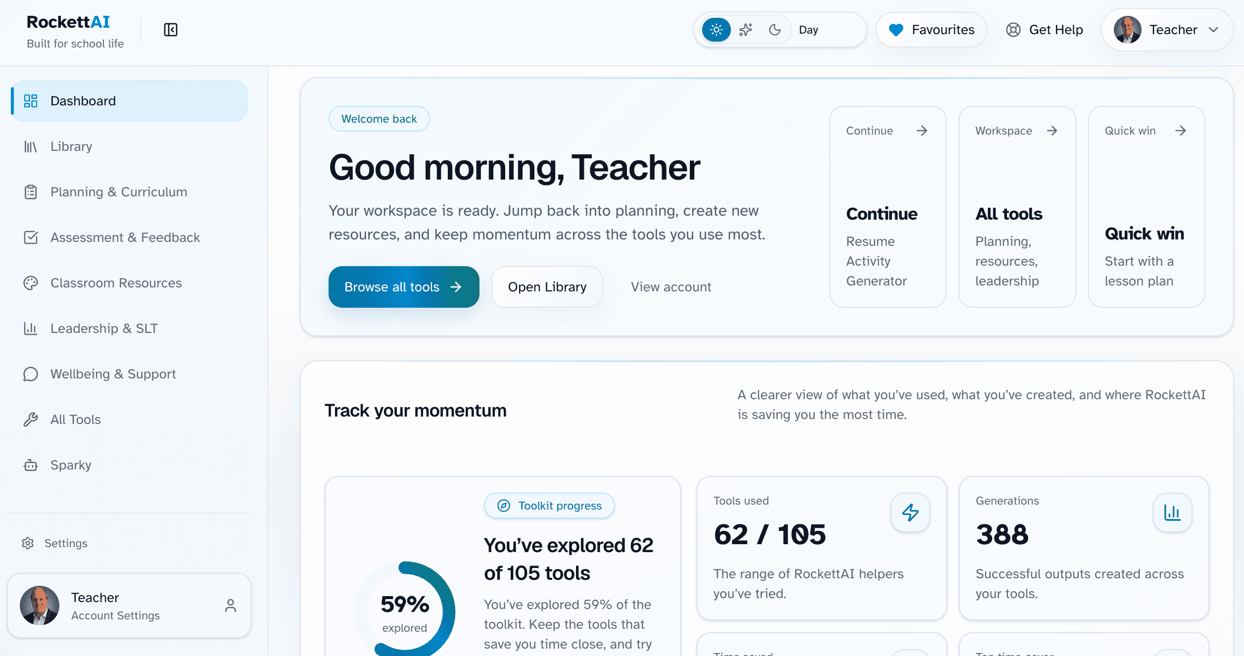 RockettAI dashboard showing planning, resources, assessment and leadership tools for a school team